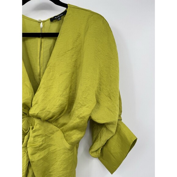 Aakaa Chartreuse Satin Draped Midi Dress Sz M Green V-Neck Ruched Cocktail Chic - Picture 4 of 13